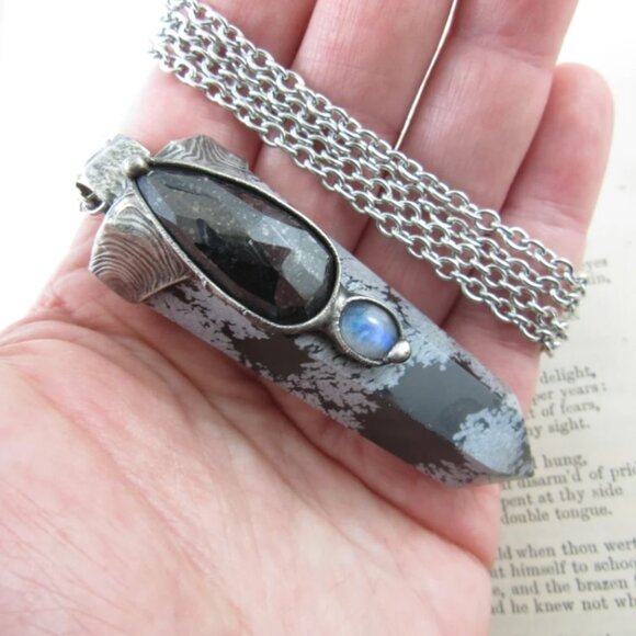 Callisto Jewelry Snowflake Obsidian Black Ruby & Moonstone Crystal Pendant - Picture 2 of 5